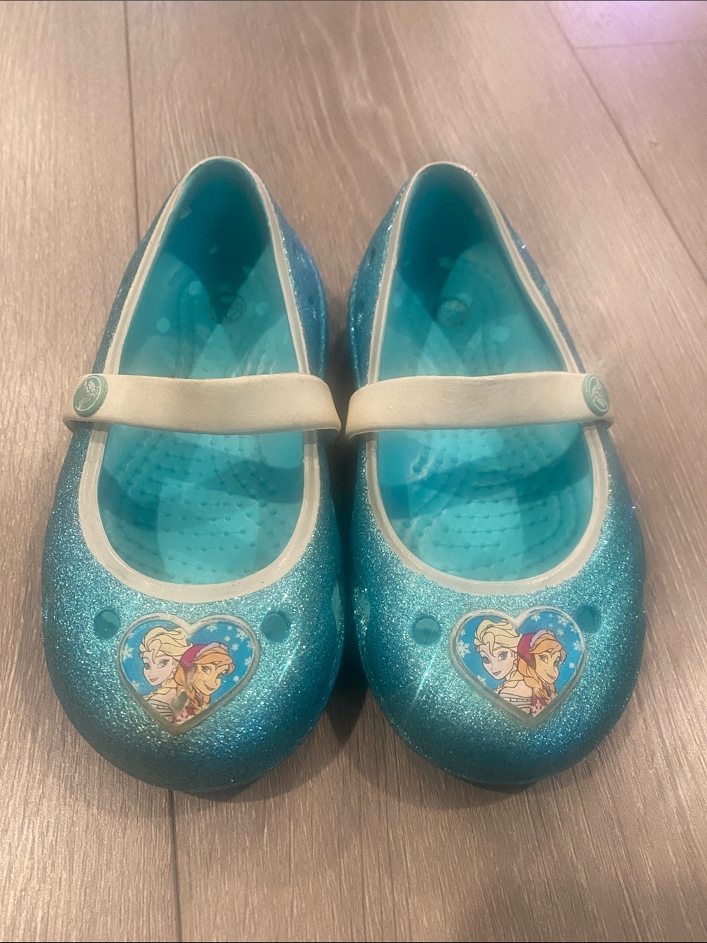 CROCS Kids Glitter Teal Blue Mary Jane Shoes with Frozen Heart Charms